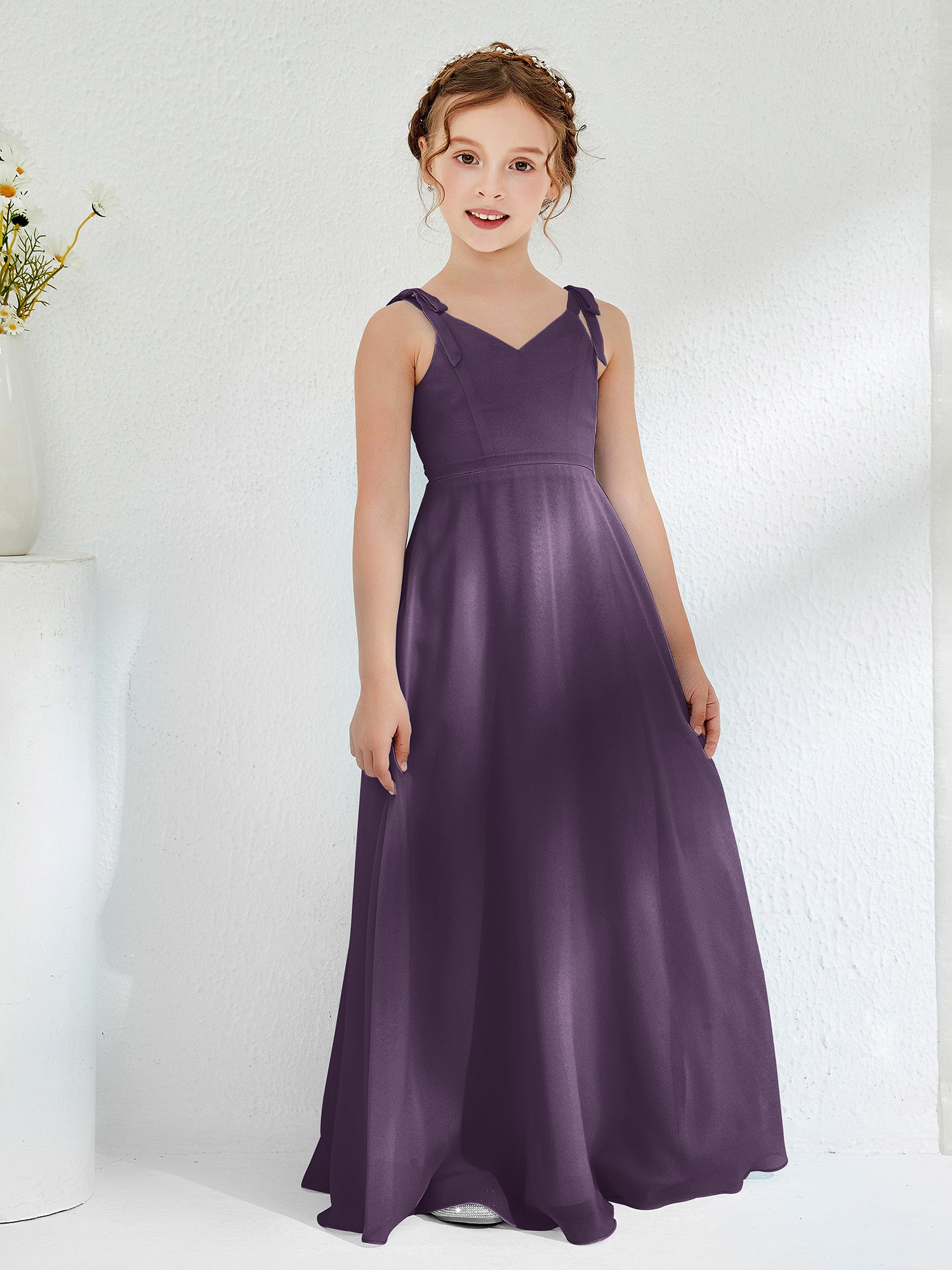 V-neck A-line Chiffon Junior Bridesmaid Dresses Plum